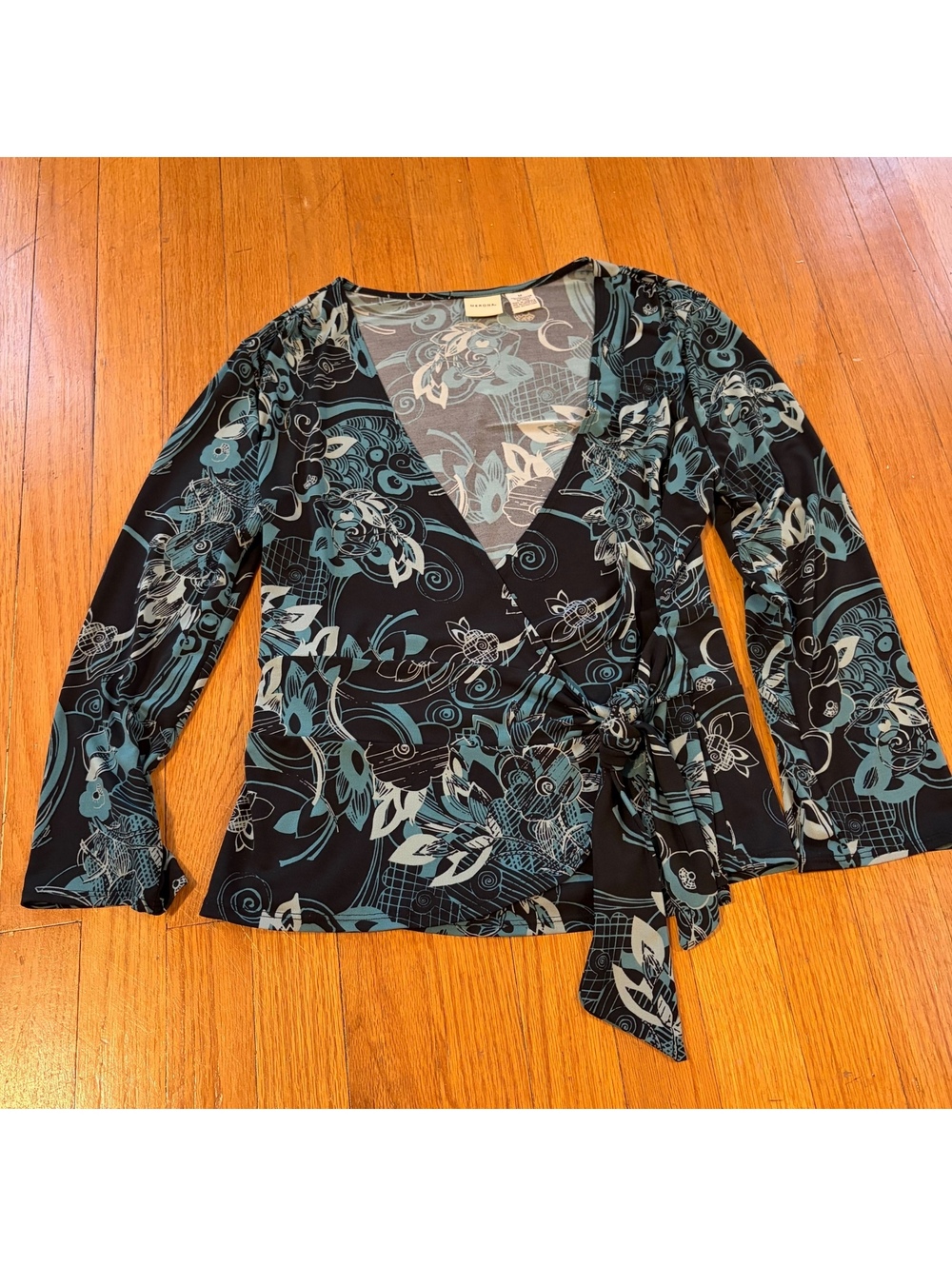 Vintage Y2K whimsical fitted teal floral wrap babydoll top
